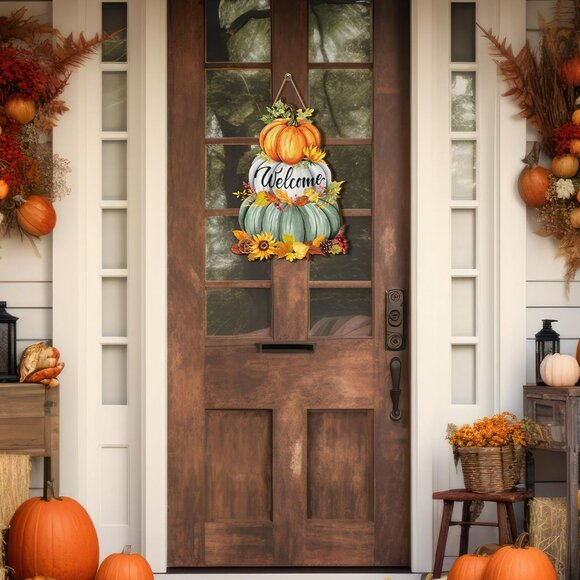 Fall Pumpkin Welcome Sign - Wooden Rustic Decorative Hanging Sign for Thanksgivi - Picture 4 of 6